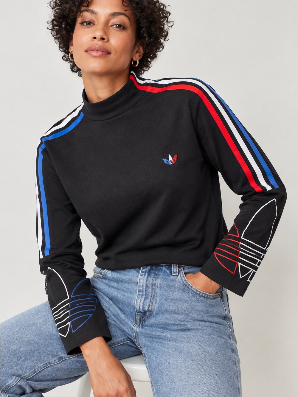 Adidas Originals Adicolor Tricolor Mock Neck Long Sleeve Top Black L GN2859